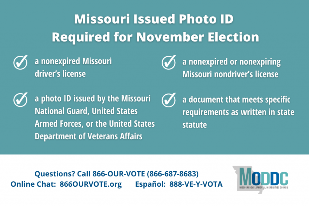 graphic with text that says, "Missouri Issued Photo ID Required for November Election
This means a voter must have one of the following: 
•	a nonexpired Missouri driver’s license
•	a nonexpired or nonexpiring Missouri nondriver’s license
•	a photo ID issued by the Missouri National Guard, United States Armed Forces, or the United States Department of Veterans Affairs
•	a document that meets specific requirements as written in state statute."
