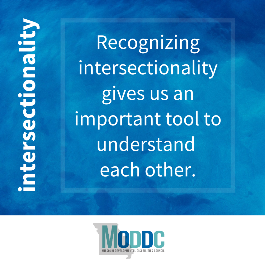 blue watercolor background with text that says "Recognizing intersectionality gives us an important tool to understand each other."