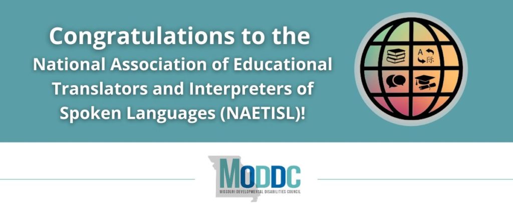 graphic with teal background and white text "Congratulations to the National Association of Educational Translators and Interpreters of Spoken Languages (NAETISL)!" 