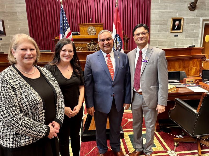 MODDC Executive Director Vicky Davidson, MODDC Project Coordinator Leigh Anne Haun, Missouri State Treasurer Vivek Malek, MODDC Chair Animesh Shah standing next to each other at the swearing-in ceremony.
