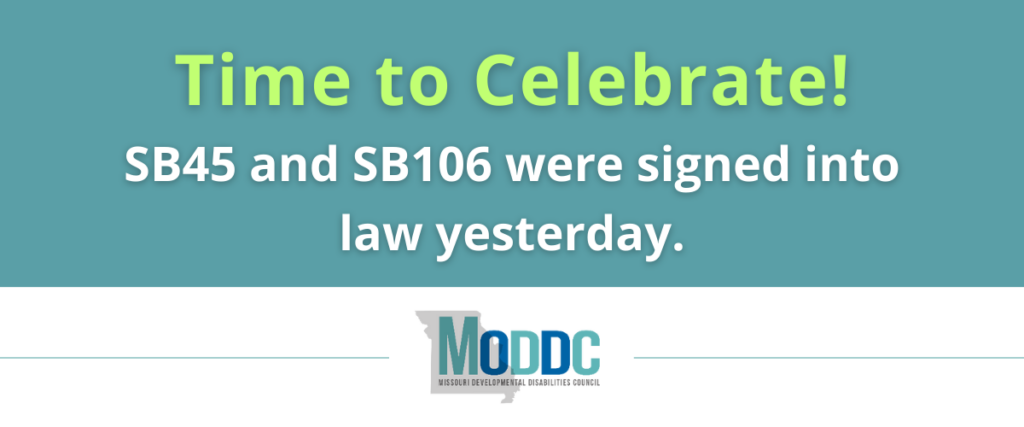 teal graphic with text: Time to Celebrate! SB45 and SB106 were signed into law yesterday! 